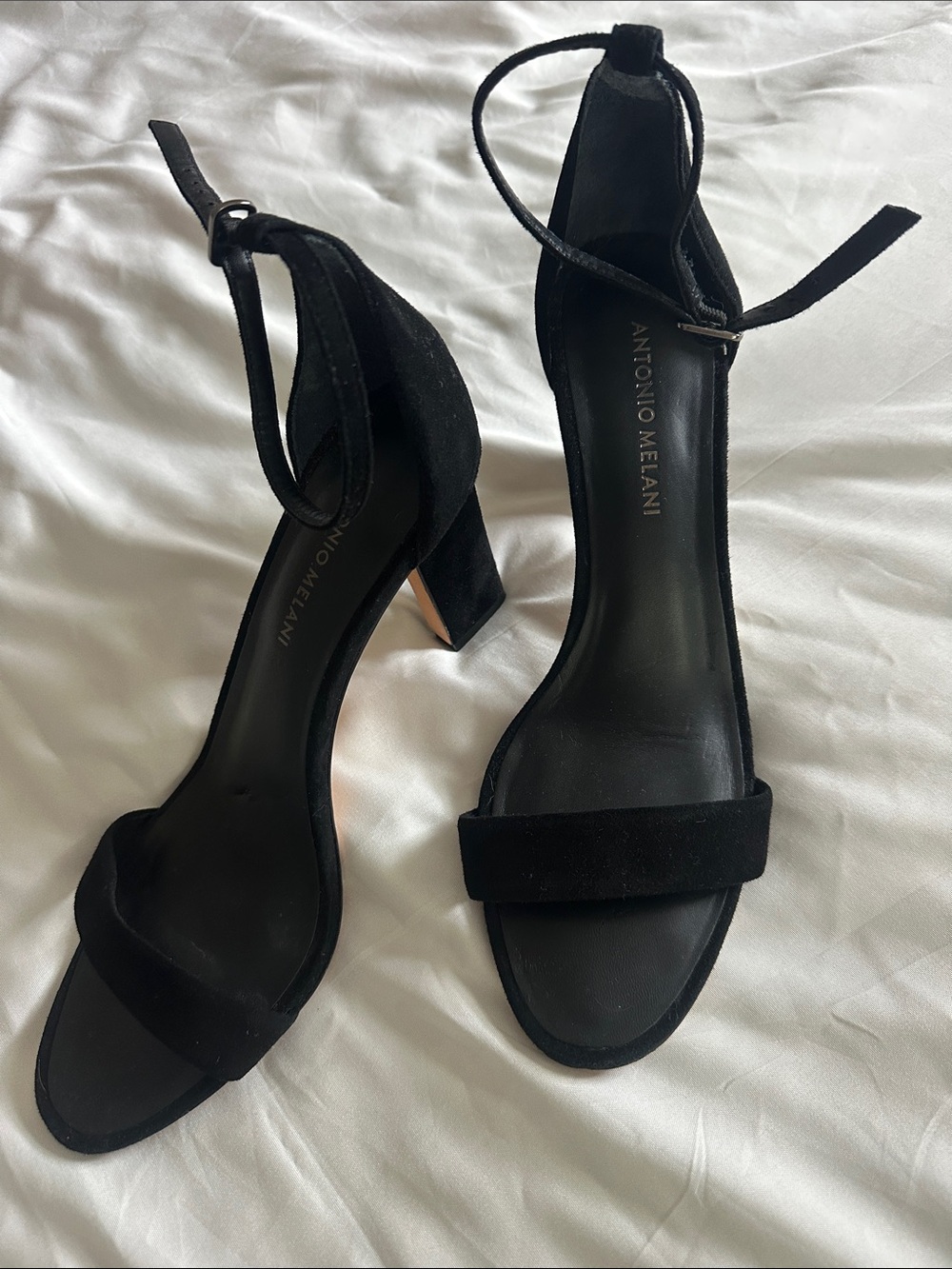 ANTONIO MELANI Black Suede-Look Ankle-Strap Block Heels